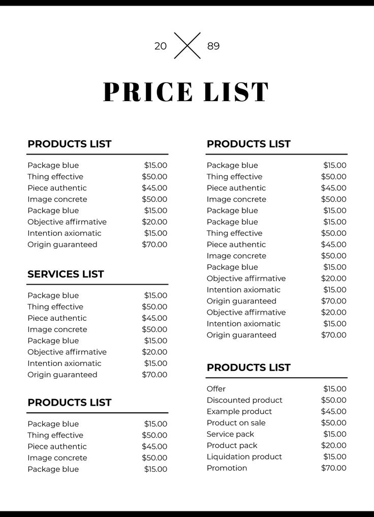 The Price List For An Item Is Shown In Black And White With Prices 