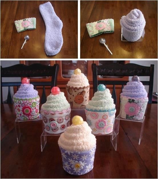 Sock cupcakes with coffee cozies and lollipops