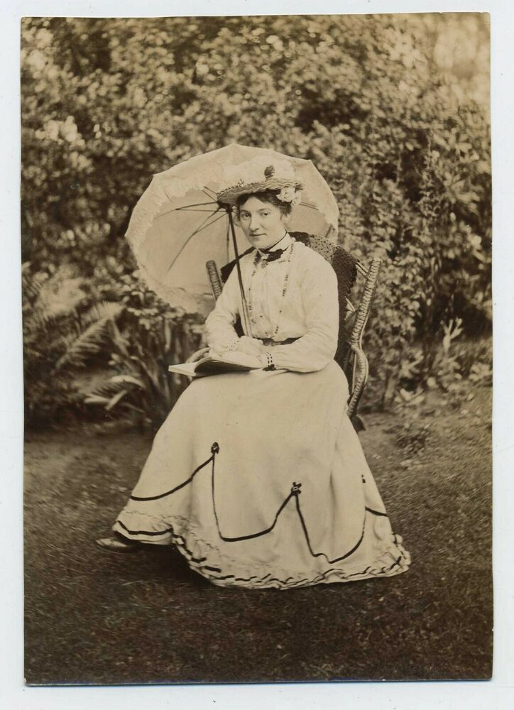 Edwardian Lady Seated Reading Under Parasol Antique Albumen Photograph C5 Vintage Photo Album Edwardian Parasol