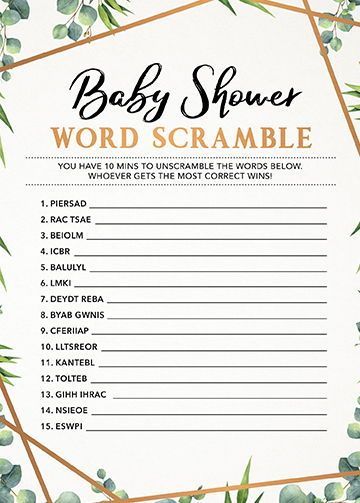 Baby Shower Word Scramble, Baby Shower Game Printable, Baby Shower Instant Download, Gender Neutral Baby Shower Games, Greenery Baby Shower