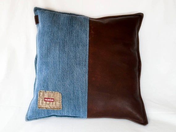 leather, eco friendly denim pillow Denim and Leather Pillow Cover 20x20