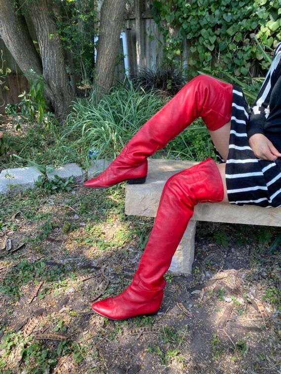 80s Red Leather Thigh High Boots 8 | Etsy | Boots, Leather thigh high ...