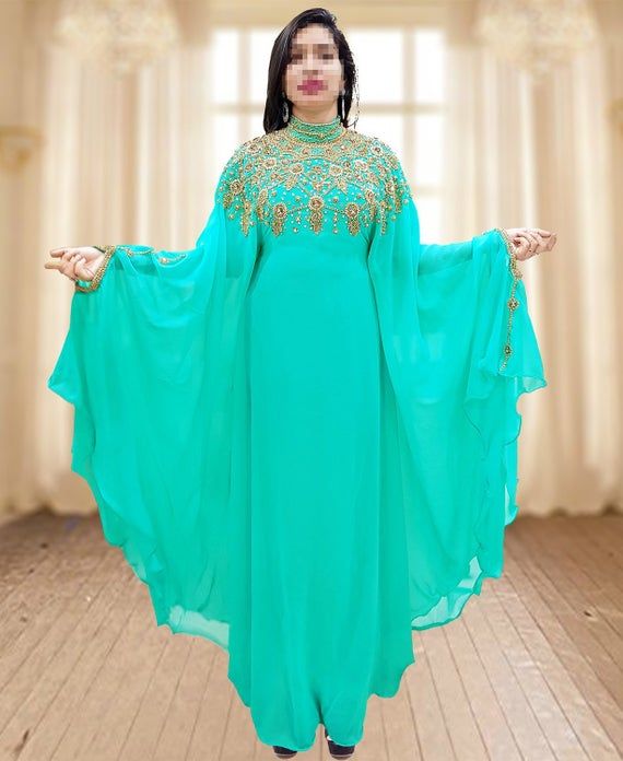 Kimono dress moroccan black and white Long oriental abaya dress with beads and flared sleeves