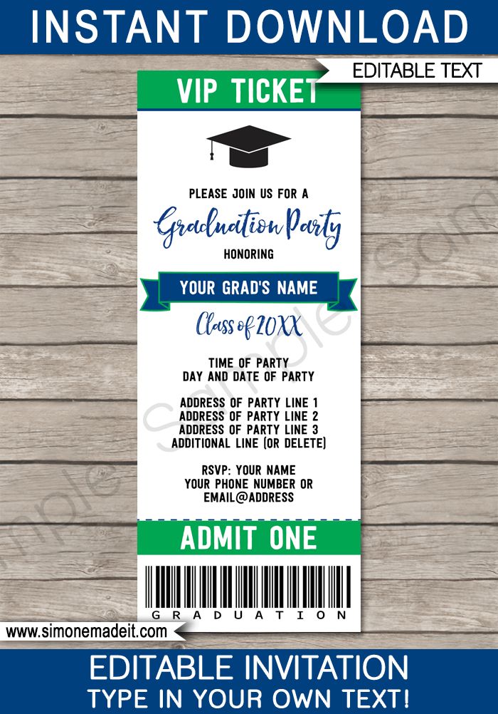 Printable Graduation Party Ticket Invitations - High School Graduation Announcements - Grad Party Ticket Invites - Editable Template - Instant Download - Navy Blue & Green #graduationparty #graduation #graduationticket