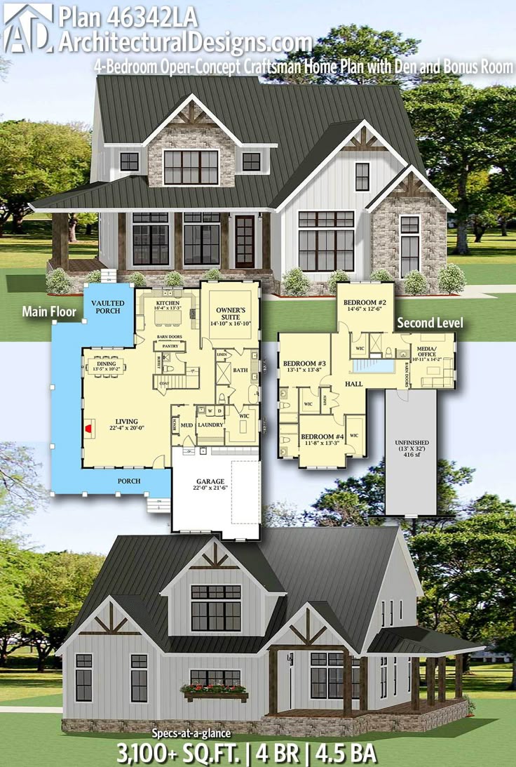 Architectural Designs Craftsman Home Plan 46342LA gives you 4 bedrooms, 4.5 bath...