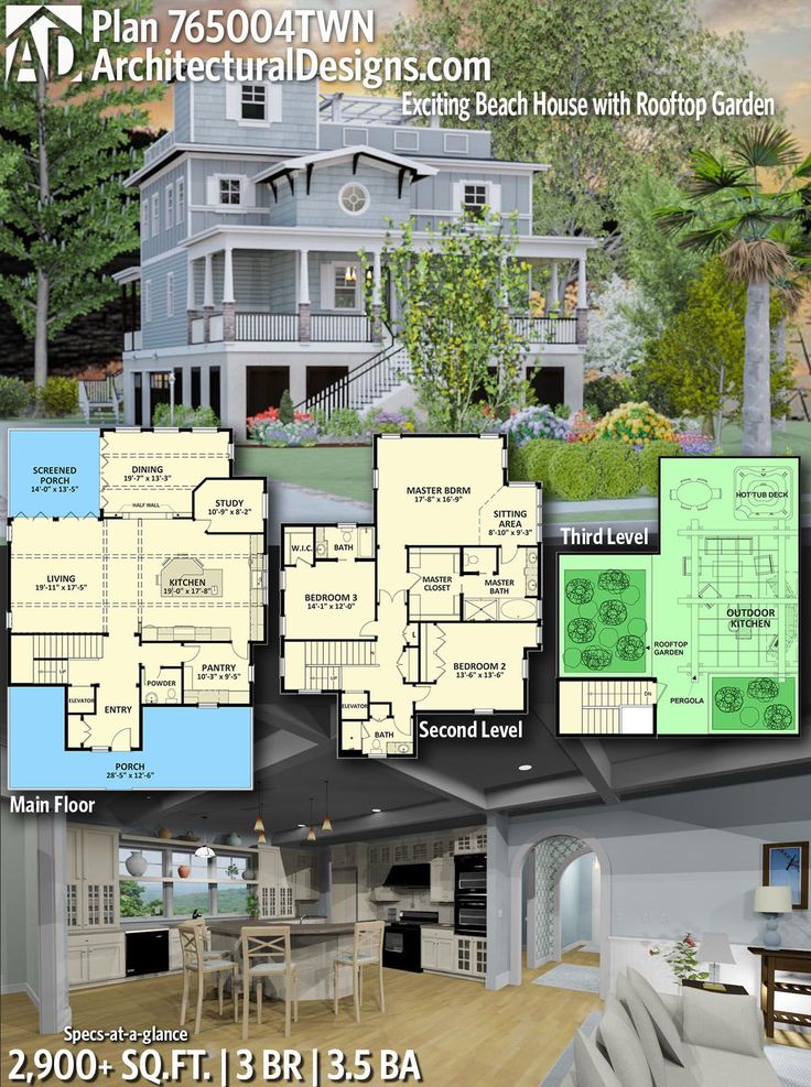 Plan 765004twn Exciting Beach House With Rooftop Garden In 2021 Floor Plans Beach House Floor Plans, 3 Level Beach House Plans