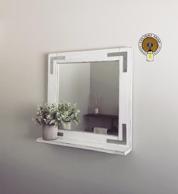 Whitewash Mirror With Shelf Wood Rustic White Framed Bathroom Framed Mirror Bathroom, Rustic White Mirror For Bathroom