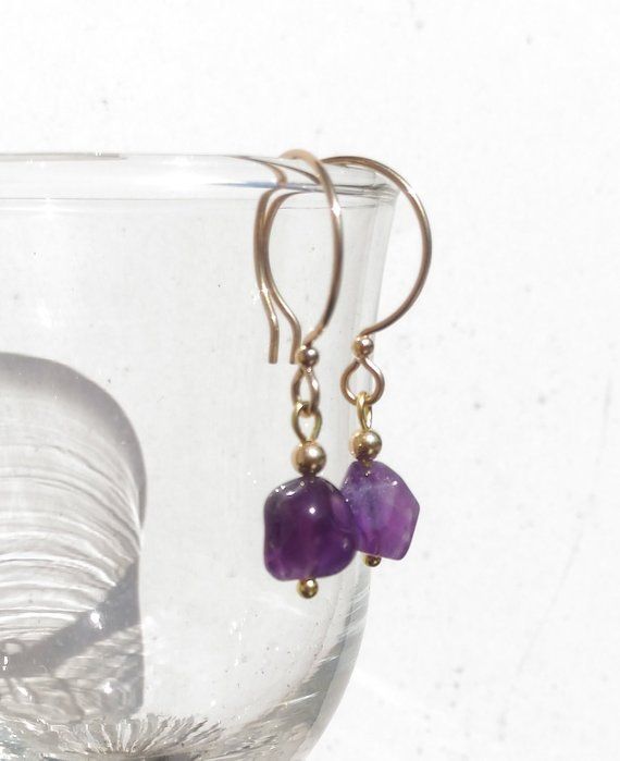 polished gemstone nuggets earrings Natural purple amethyst 14k gold filled hoop earrings February birthstone Aquarius birthstone earrings