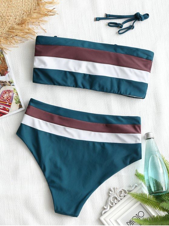 Cami Striped High Waisted Bikini - BLACKISH GREEN S