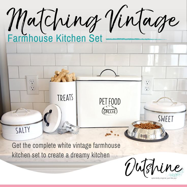 Outshine White Farmhouse Pet Food Bin Storage Container With Lid Durable Dog Recipes Canisters Pet Food Storage Container, Countertop Dog Food Storage Container