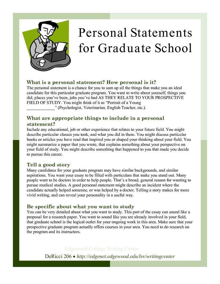 a flyer with the words personal statements for graduate school written in green and black on it