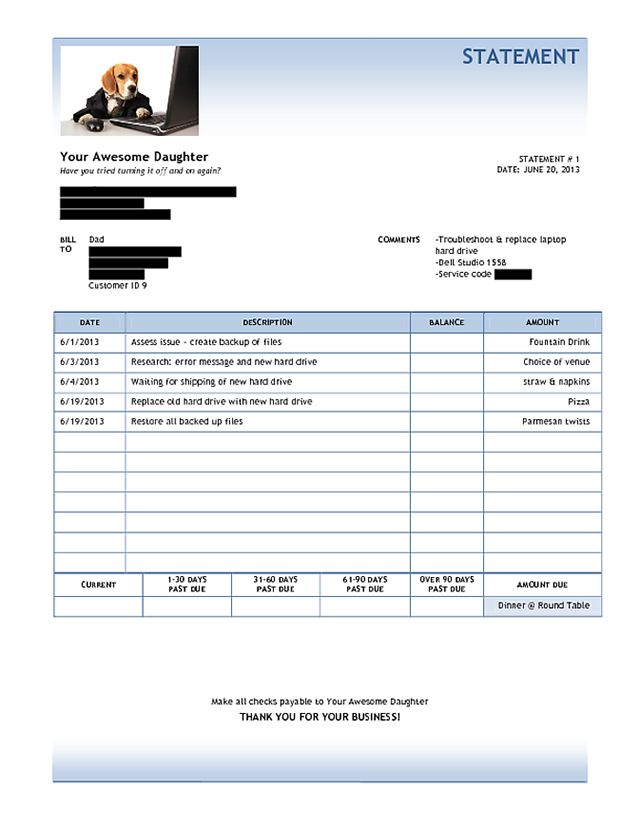 Adorable Daughter Bills Dad for Home Tech Support Tech support - computer invoice Adorable Daughter Bills Dad for Home Tech Support Tech support - computer invoice