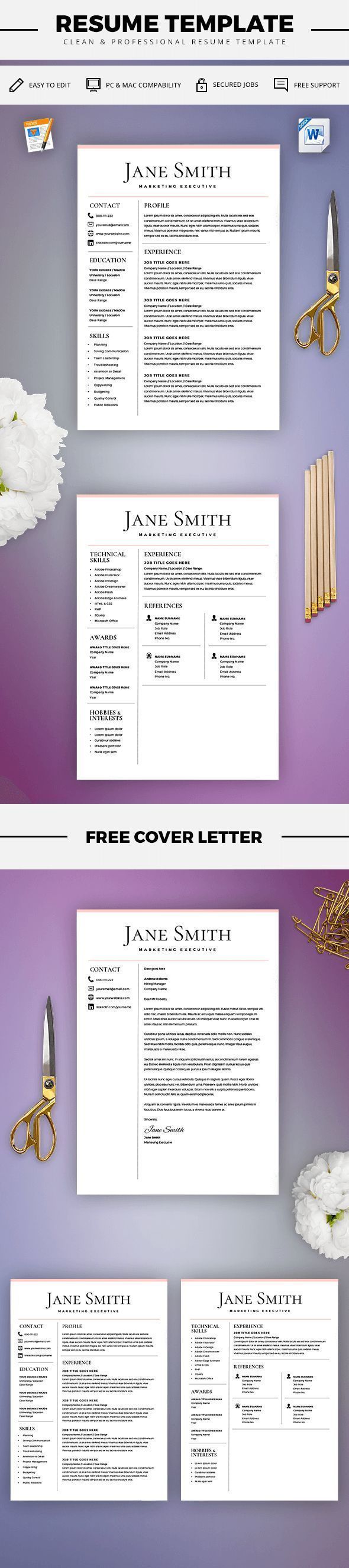 Resume Template - CV Template + Cover Letter - MS Word on Mac / PC - Design - Professional - Best Resume Templates - Instant Download