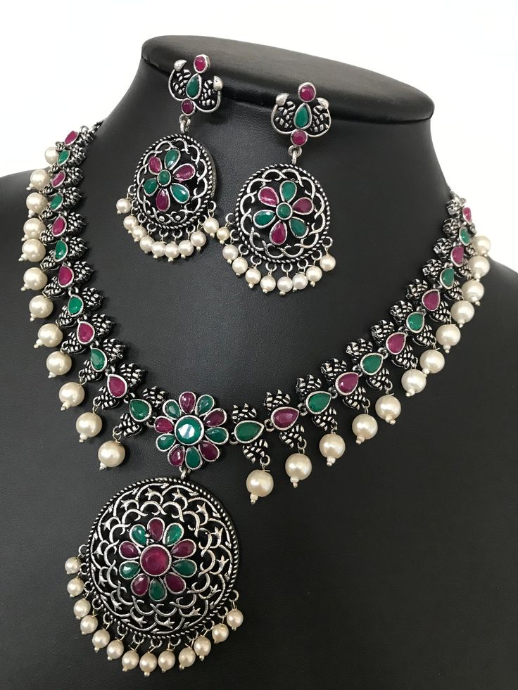 Colorful Necklace Set Indian Fashion Jewelry Silver Oxidized Style Western Style Colorful Necklace Set Indian Fashion Jewelry Silver Oxidized Style Western Style