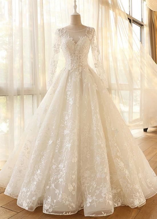 Long Sleeves Tulle Appliques Lace Wedding Dresses – Angrila Long Sleeves Tulle Appliques Lace Wedding Dresses – Angrila