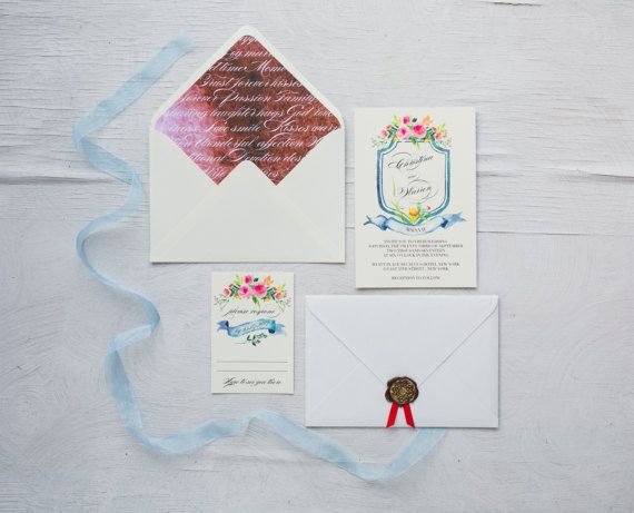 Printable Crest Wedding Invitation, Calligraphy Wedding Invite, Wax Seal Wedding Invites, Watercolor Invites, Digital Floral Invitations 💜 DETAILS 💜 This listing is for a digital file sent to you as a high quality PDF for you to download and print at your preferred local print shop. For physical items, please see our other shop https://www.etsy.com/shop/AquarelaStationery You can choose different wording in your preferred language for free. If you need matching cards (...
