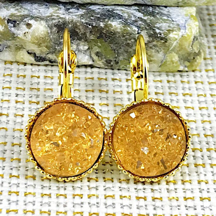 Spring Jewelry Gift Yellow Druzy Earrings Yellow Druzy Jewelry Set Yellow Druzy Earrings and Ring Set Yellow Adjustable Druzy Ring