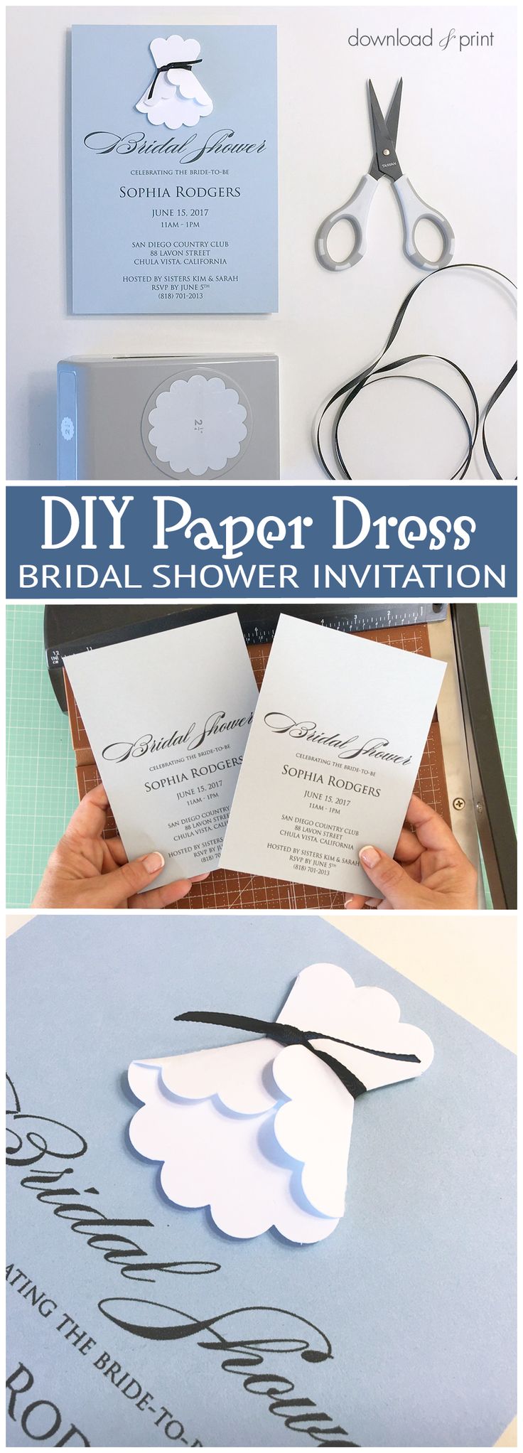 Sweet and simple bridal shower invitation with a DIY paper dress. Get the FREE printable invitation template at Download & Print.