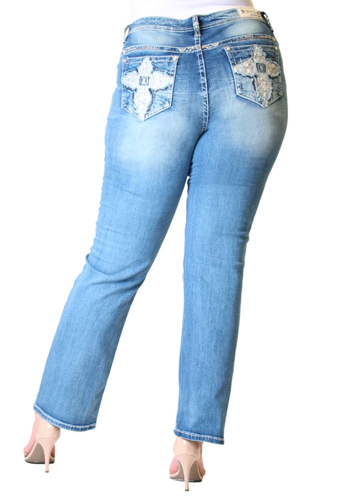 Womens Plus Size Cross Embellished Straight Leg Jeans PS-71016