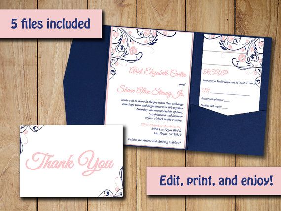 wedding pocketfold invitation template blush navy pocket fold