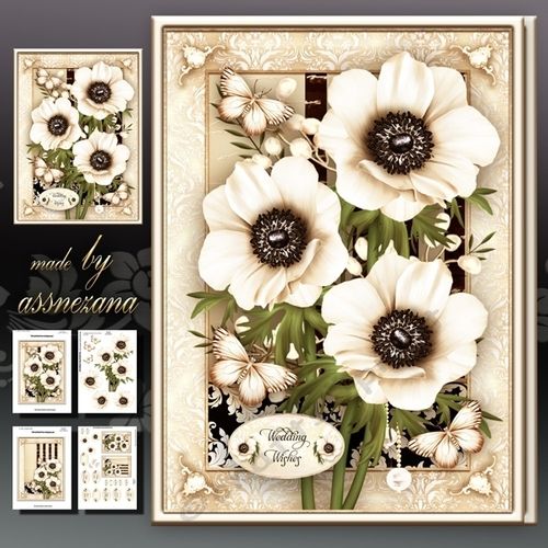 Wedding Anniversary Birthday Cream Anemone Card 4 sheets for print with decoupage for 3D effect plus few sentiment tags (for your own personal text)