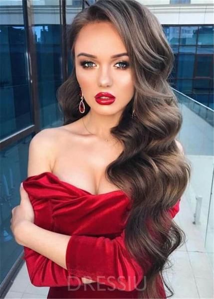 Side Part Long Wavy Human Hair Full Lace Women Wig 28 Inches