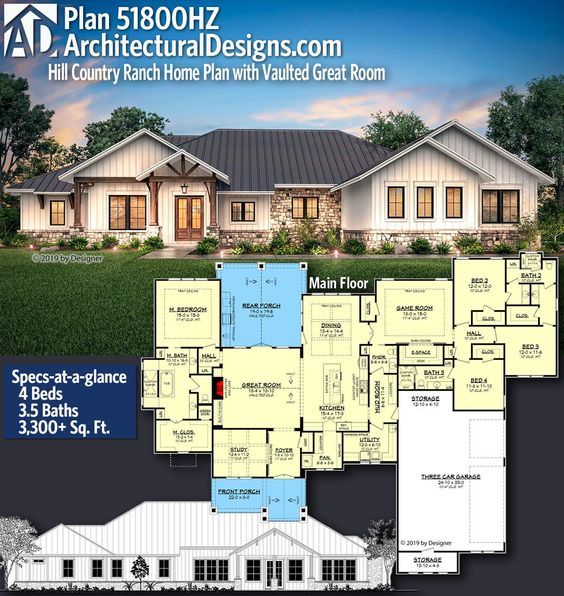 Plan 51800hz Hill Country Ranch Home With Vaulted Great Room House Plans Ranch House Plans, Ranch Style House Plans With Large Kitchens
