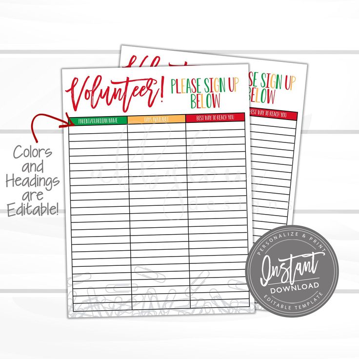 EDITABLE Teacher Volunteer Printable, PTO/PTA Sign up Sheet, Editable EDITABLE Teacher Volunteer Printable, PTO/PTA Sign up Sheet, Editable