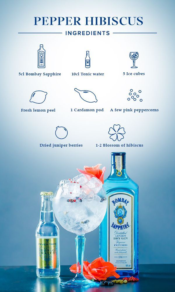 Pepper Hibiscus: 1. Squeeze lemon peel over glass to release its essential oils and put the peel in your glass. 2. Roll the cardamom pod gently between your fingers and put it in your glass along with the peppercorns and juniper berries. 3. Fill glass with ice cubes, add 5cl Bombay Sapphire, and top off with tonic water. 4. Garnish with blossoms of hibiscus.