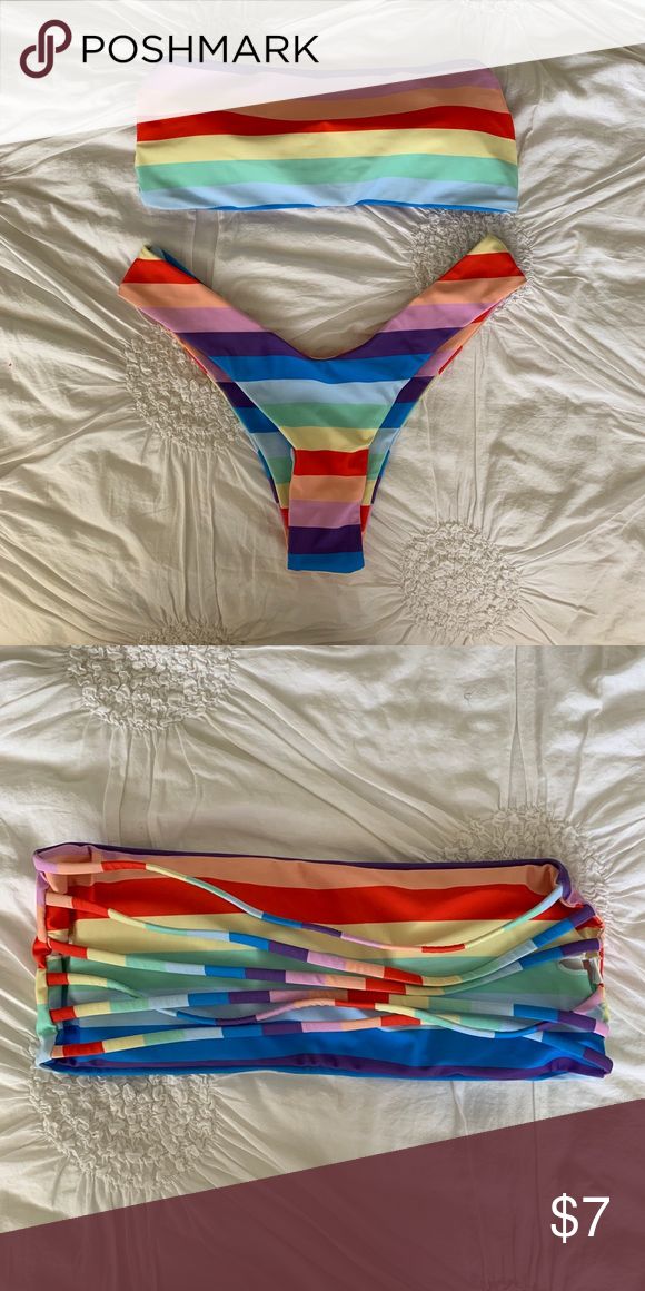 Never Worn rainbow striped bandeau bikini Never worn Bandeau bikini Cheeky bot...