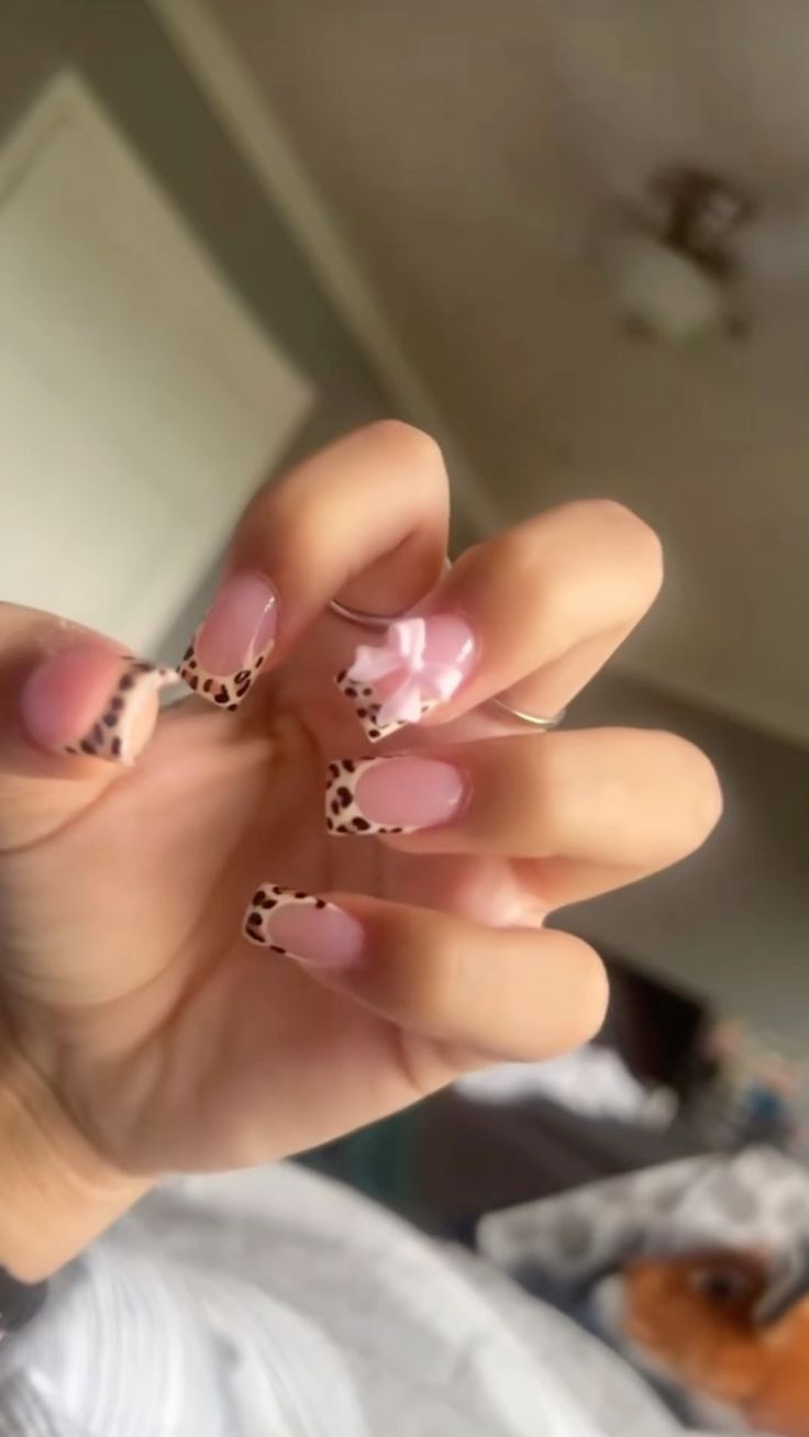 pink cheetah nails Square Cheetah Print Bow Nails