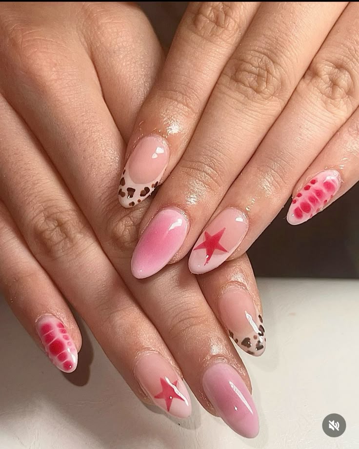 pink cheetah nails Y2k Almond Tip Nails