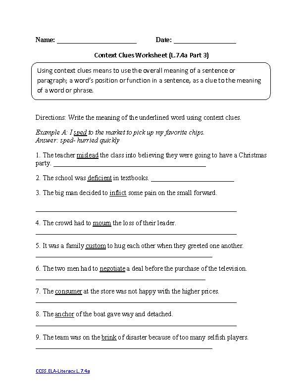 Context Clues Worksheet 3 ELALiteracy.L.7.4a Language Worksheet