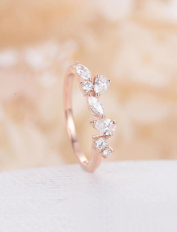 Moissanite Wedding Band Rose Gold Vintage Bridal Art Deco Unique