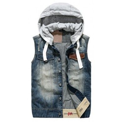 Veste En Jeans Sans Manches Pour Homme Avec Capuche Coton Veste En Jeans Sans Manches Pour Homme Avec Capuche Coton