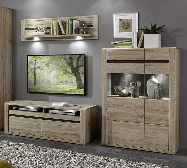 Wohnwand Eiche San Remo Sand tiefgezogen Schiefer Merken - wohnzimmerschrank eiche massiv Wohnwand Eiche San Remo Sand tiefgezogen Schiefer Merken - wohnzimmerschrank eiche massiv