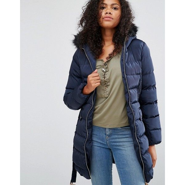 Brave Soul Padded Jacket With Belt 49 Liked On Polyvore Featuring Outerwear Jackets Navy Zip Pocket Jac Padded Jacket Jackets Pocket, Navy Blue Coat With Fur Hood And Belt
