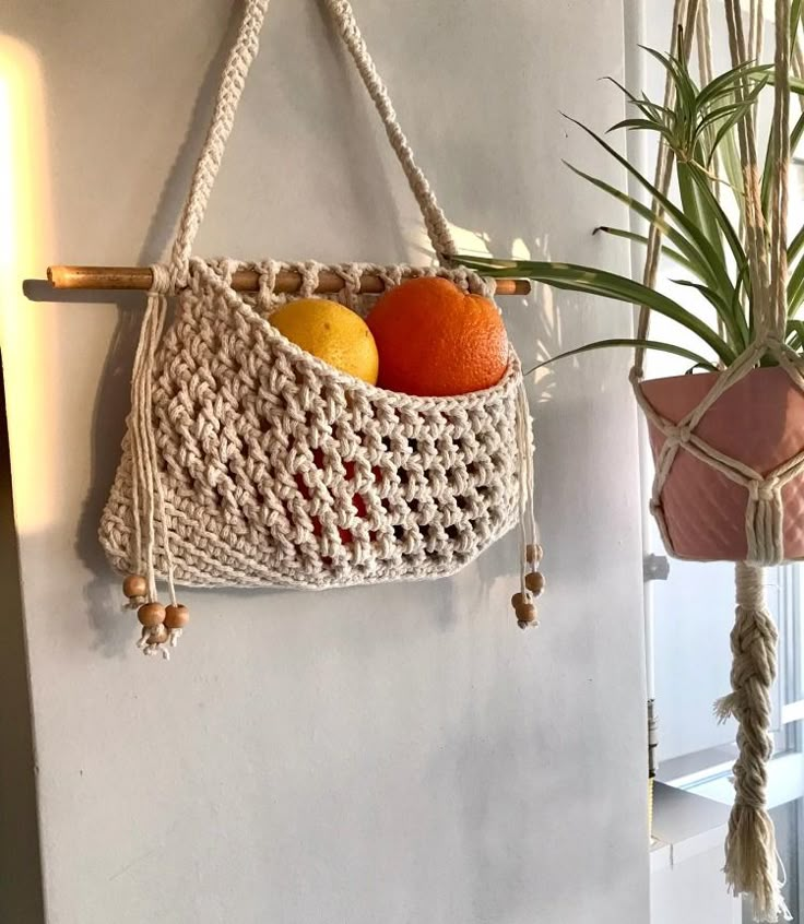 two hanging baskets filled with fruit on top of a white wall next to a potted plant