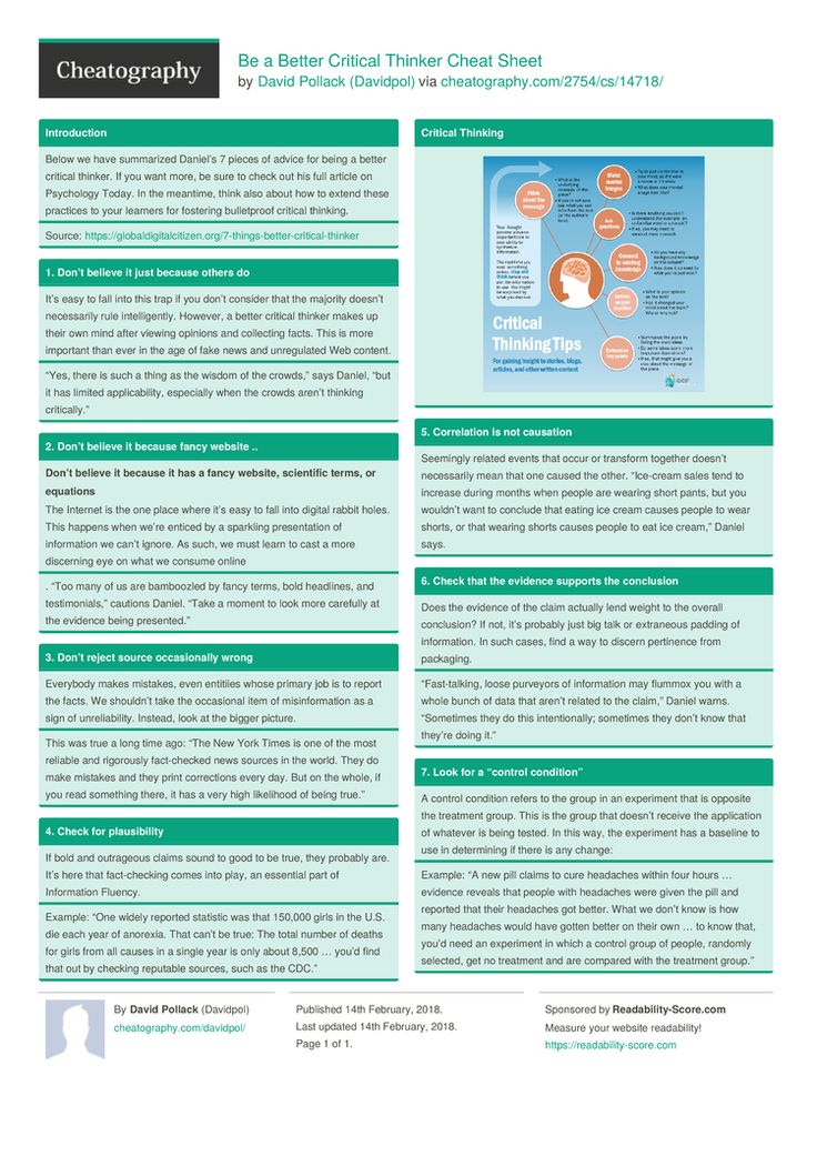 Be a Better Critical Thinker Cheat Sheet by Davidpol http://www.cheatography.com/davidpol/cheat-sheets/be-a-better-critical-thinker/ #cheatsheet #critical #thinking #improve
