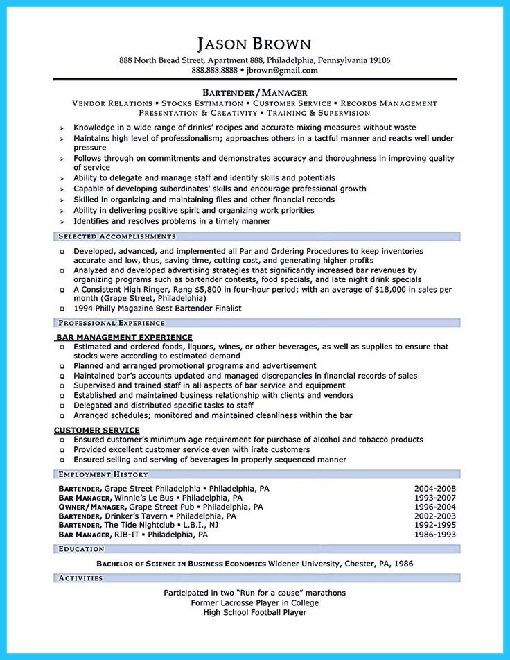Best 12 7/16/2017 bartender resume images on Pinterest Sample