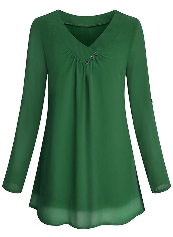 Fashion Womens Solid Color Round Neck Casual Long Sleeve Irregular Pleated Pullover Blouse Top