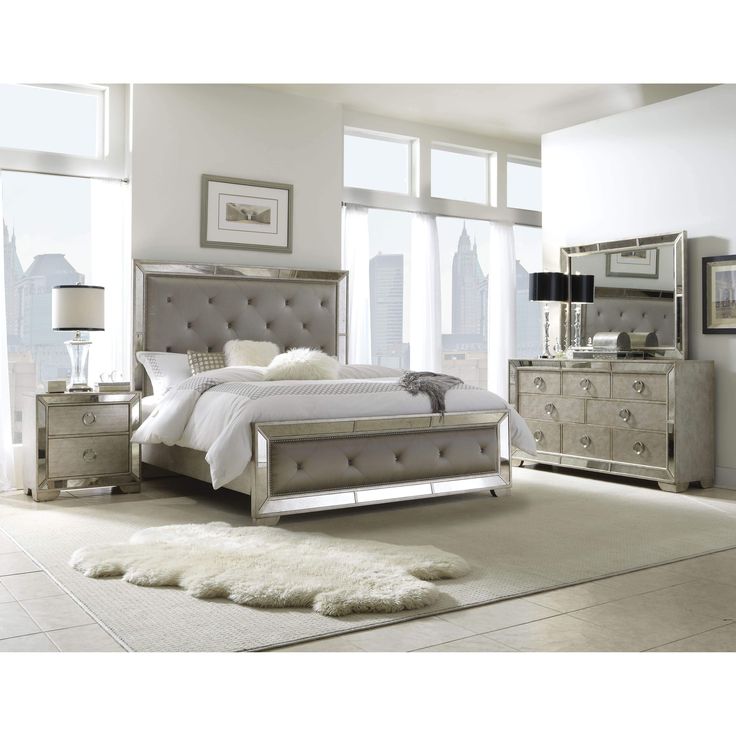 Celine 5piece Mirrored and Upholstered Tufted Queensize Bedroom Set