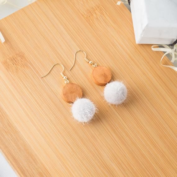 Dangle Earrings With Fluff Balls And Wooden Plates Korean Etsy Dangle Earrings Girly Gifts Cute Earrings