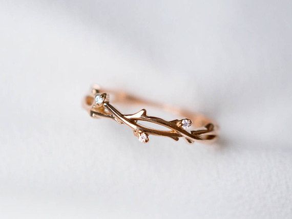 Diamond twig bud leaf ring 14K 18K gold wedding band engagement promise ring ann… Diamond twig bud leaf ring 14K 18K gold wedding band engagement promise ring ann…