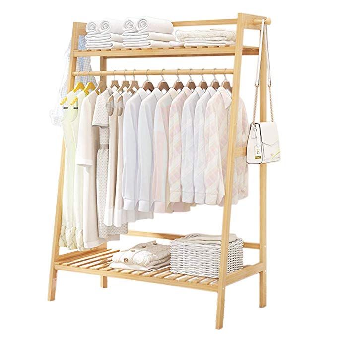 COPREE Bamboo Garment Coat Clothes Hanging Heavy Duty Rack with top Shelf and Shoe Clothing Storage Organizer Shelves