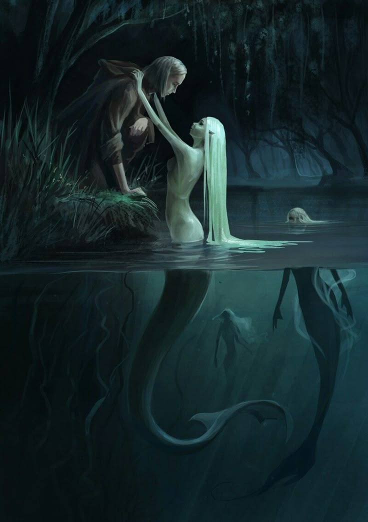 a woman with long hair standing in the water next to a white dragon and another creature