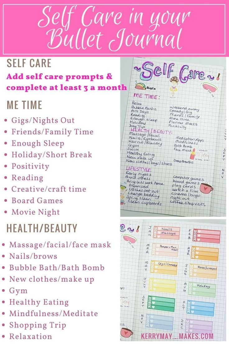Bujo self care spread ideas in my Bullet Journal to help remind me to make time for at least 3 self care things for myself a month - Kerrymay._.Makes #bulletjournal #selfcare #bujoselfcare