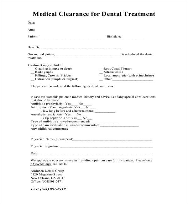 medical clearance form for dental treatment medical form er doctors note