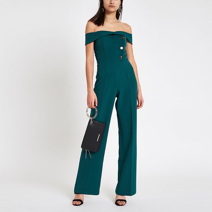 Dark green bardot tux wide leg jumpsuit Wide leg jumpsuit, Jumpsuit