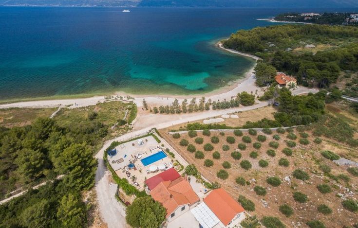 an aerial view of a beach and the ocean with houses on it, surrounded by trees